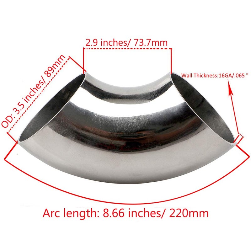 KOTVTM 3.5 Inch Stainless Steel Exhaust Elbow 90Â° Mandrel Bend Elbow - Thickness 16GA/.065" Wall Material SS304 Exhaust Tubing for Modified Exhaust Elbow Pipe, Stair Handrail (OD: 3.5") - Image 2
